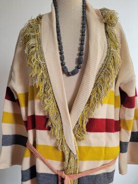 SHEIN Fringe Cardigan Medium Cream Striped Shawl Collar Boho Cozy Sweater